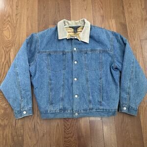 VTG J Crew Denim Jean Jacket Men's Large Wool Cotton Plaid Lined Suede Collar